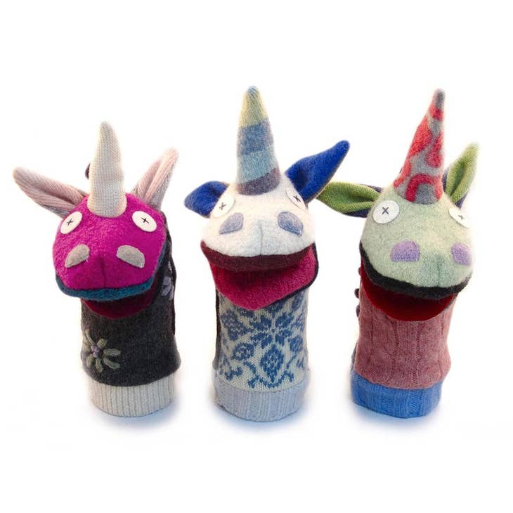 Upcycled wool puppets