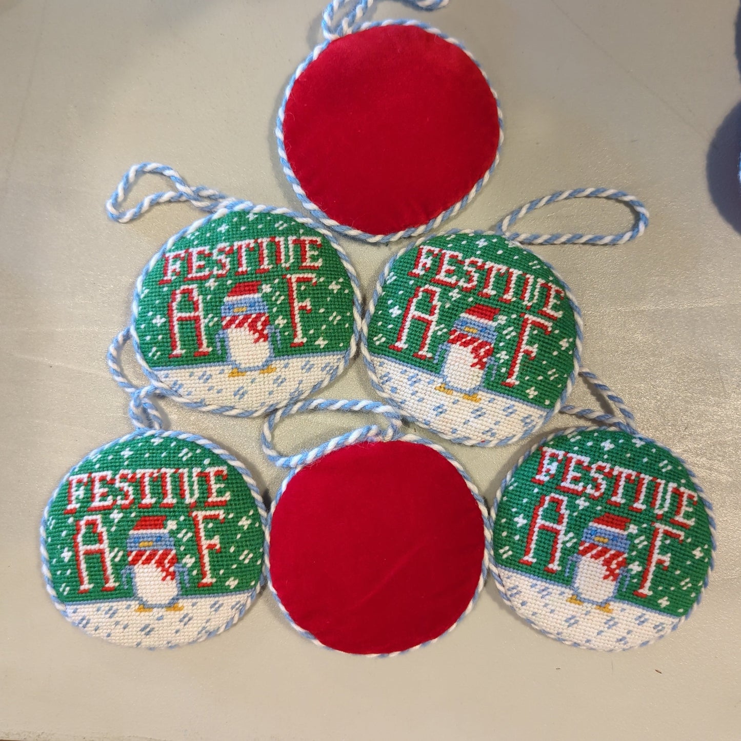 Festive AF needlepoint ornament