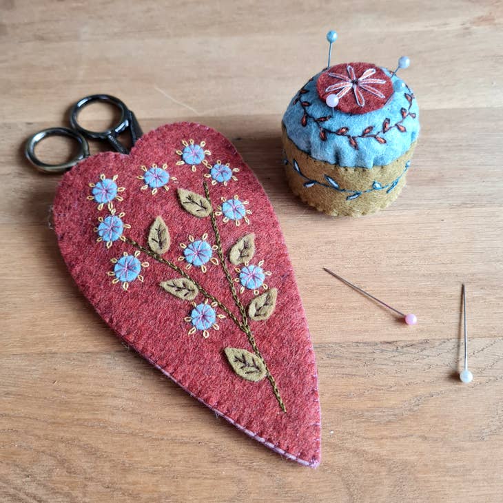 Embroidered scissor pouch and mini pincushion kit