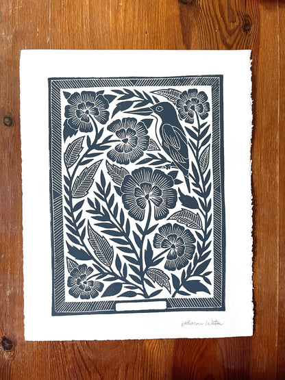 Hand Block Printed Bird Art Print - No. 5124