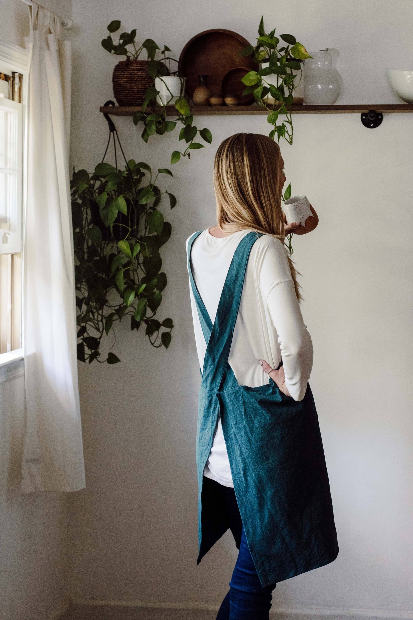 Cross Back Apron: Peacock