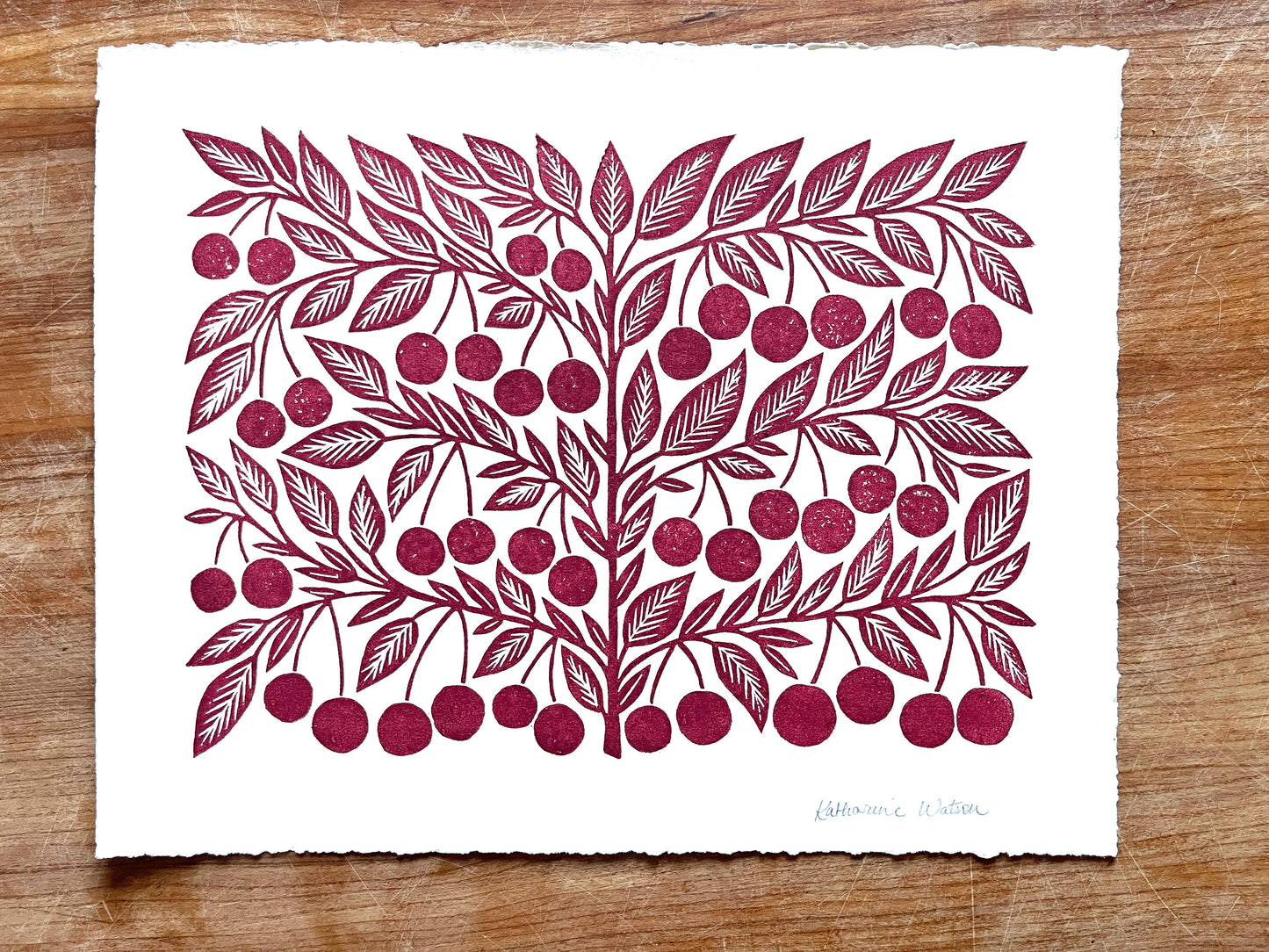 Hand Block Printed Cherries Art Print