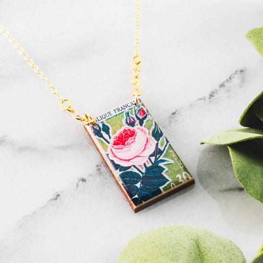 Vintage French Rose Stamp Necklace